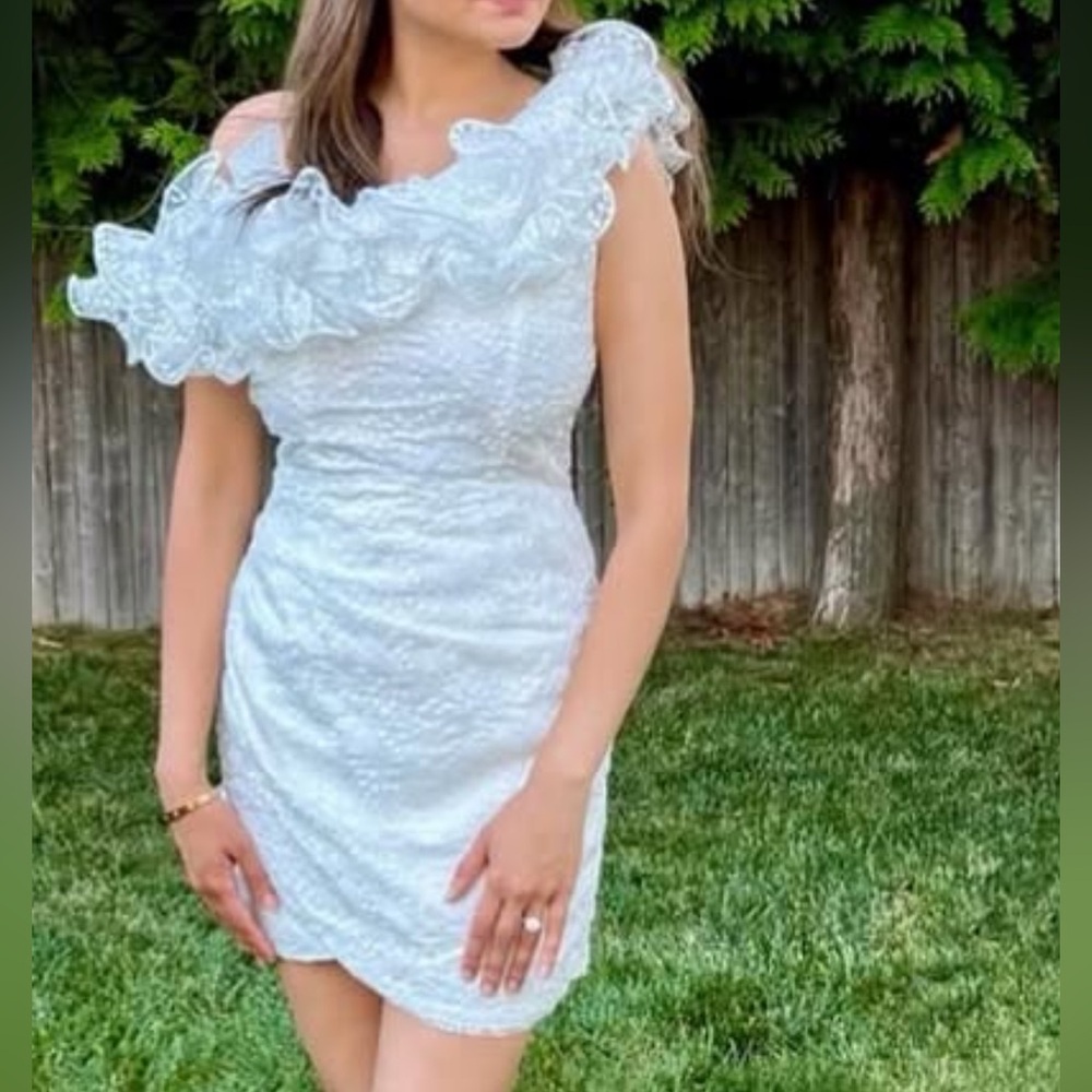 Angelic Trend White Embroidered Ruffled One-Shoulder Mini Dress